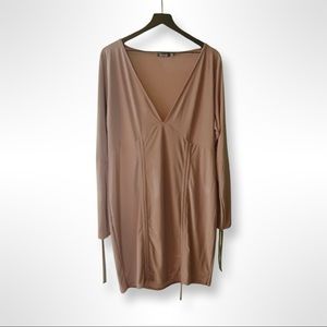 NWOT Boohoo Plunge Taupe Ruched Midi Dress